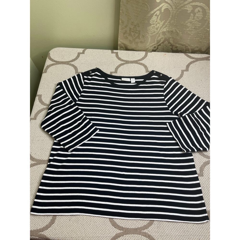 Chico’s black white striped 3/4 sleeve popover top, size. 3/ XL, 
1m21501263